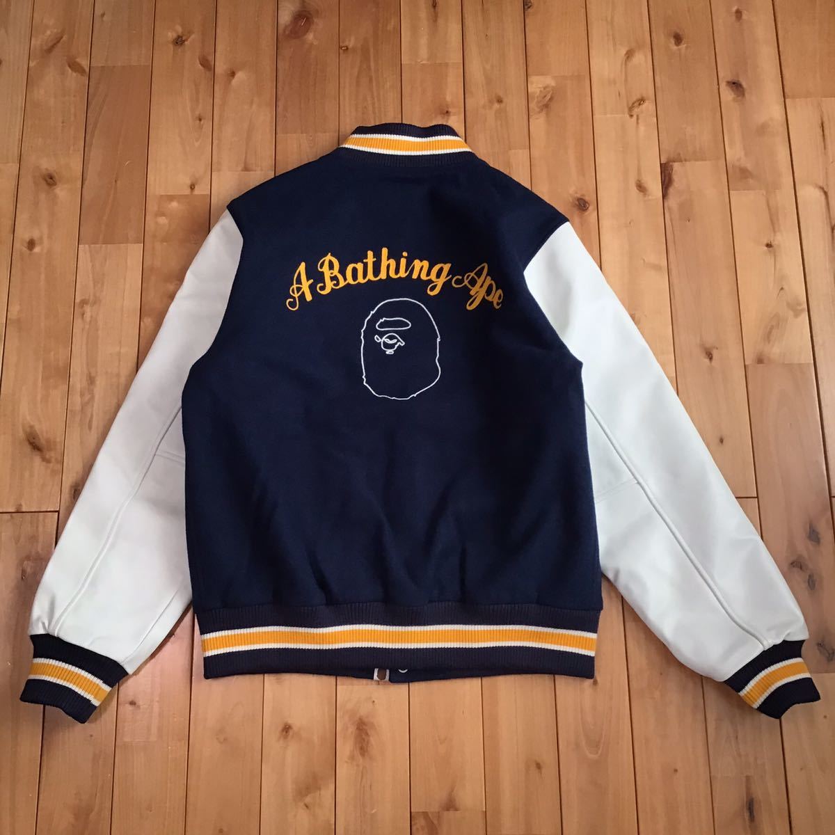 ★XL★ 袖レザー BAPE LOGO スタジャン ネイビー a bathing ape leather varsity jacket エイプ ベイプ アベイシングエイプ cz0_画像3