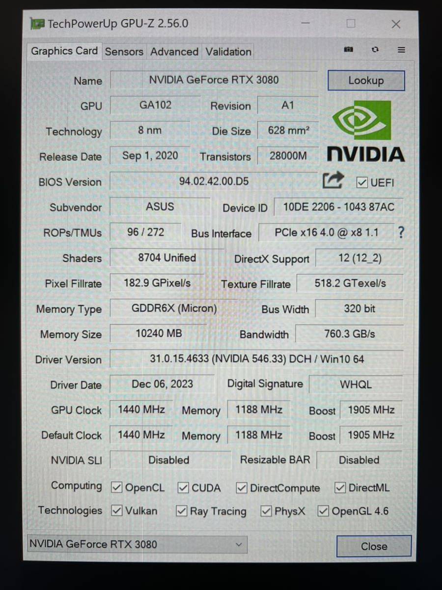 1円〜中古動作品 GeForce RTX3080 DDR6X 10GB ROG STRIX GAMING _画像8