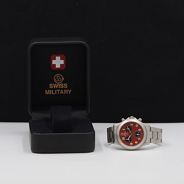 1円 箱付 稼働 良品 スイスミリタリー QZ 100M デイト ラウンド クロノグラフ 赤文字盤 1NBG メンズ腕時計 JNM 1146000_画像5