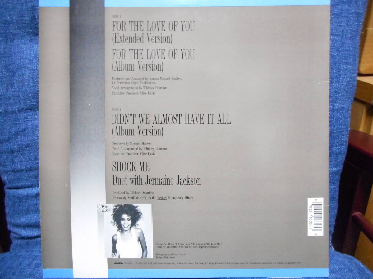 12”◆WHITNEY HOUSTON「FOR THE LOVE OF YOU (2ver.)/DIDN'T WE ALMOST HAVE IT ALL/SHOCK ME」ARISTA(US) AD1-9632_画像2
