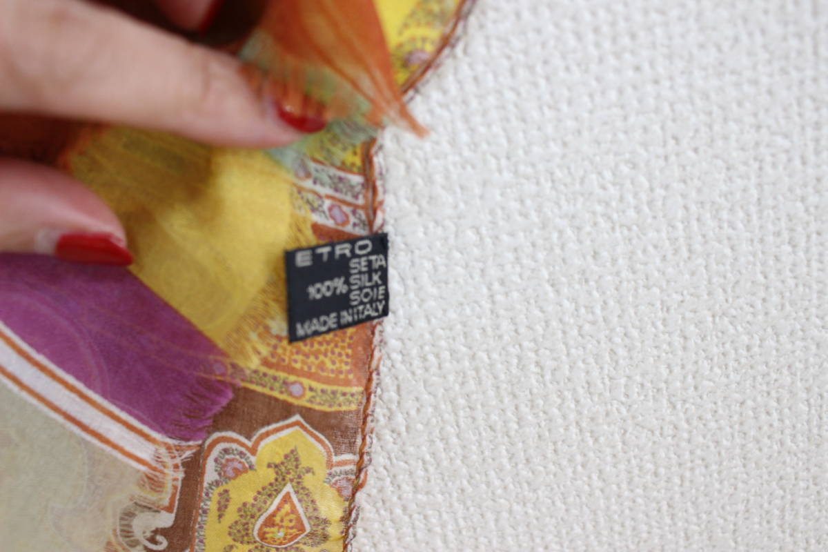 E344*.. packet free shipping * beautiful goods ETRO Etro peiz Lee pattern stole scarf shawl silk chiffon yellow Brown 