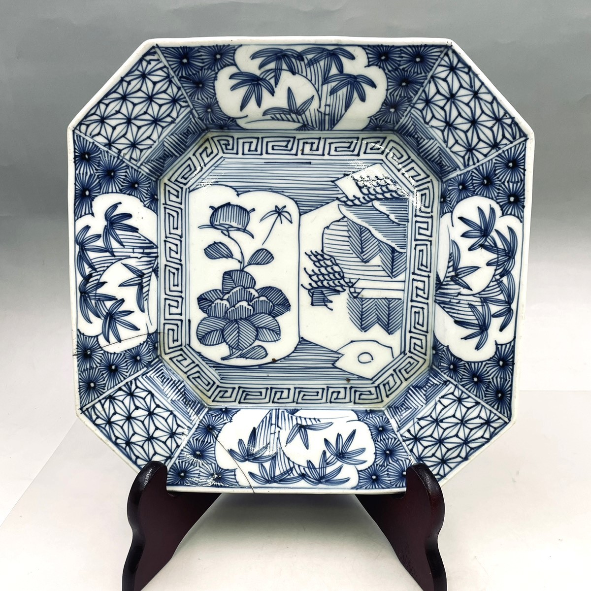  era thing the first soup delivery Edo latter term ~ Meiji period old Imari Imari . seal star anise blue and white ceramics handwriting . large plate landscape writing sama old . antique goods antique 