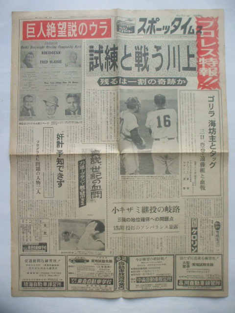 スポーツタイムズ(東京タイムズ社) 1962.8.3　力道山vsブラッシー戦　巨人V絶望　日大三高の田口周　青木勝利　水野久美　重山規子　団令子_東京タイムズ社・スポーツタイムズ4面