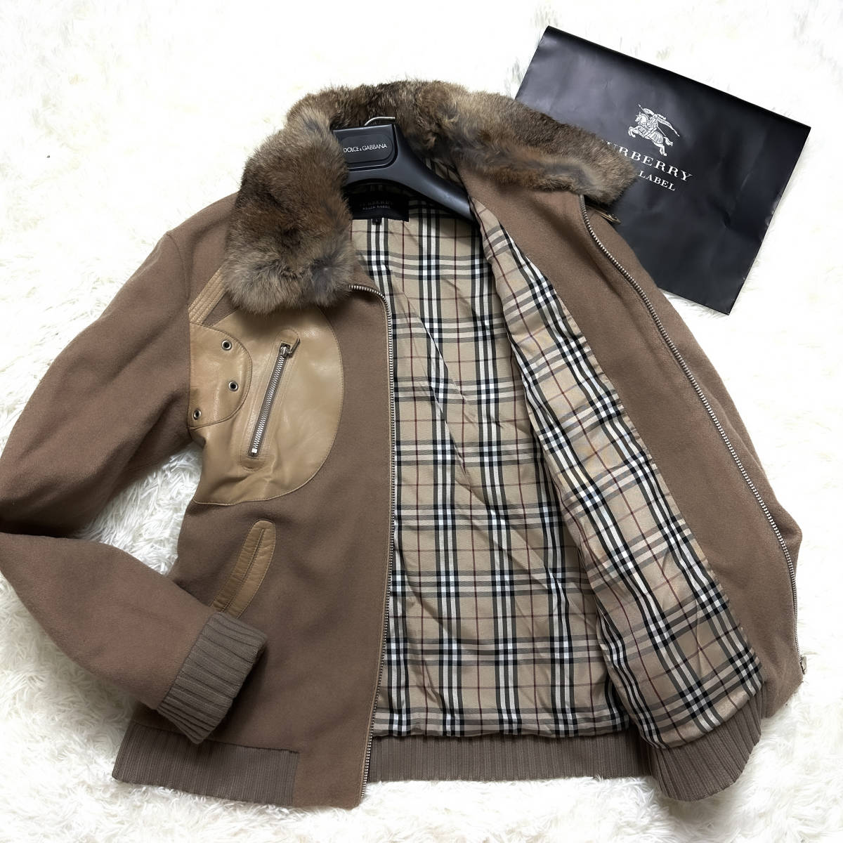 美品XL.LL~L!BURBERRY BLACKLABELラビットファーラムレザージャケットノバチェック キャメルブラウン羊革ブラレバーバリーブラックレーベル_画像1