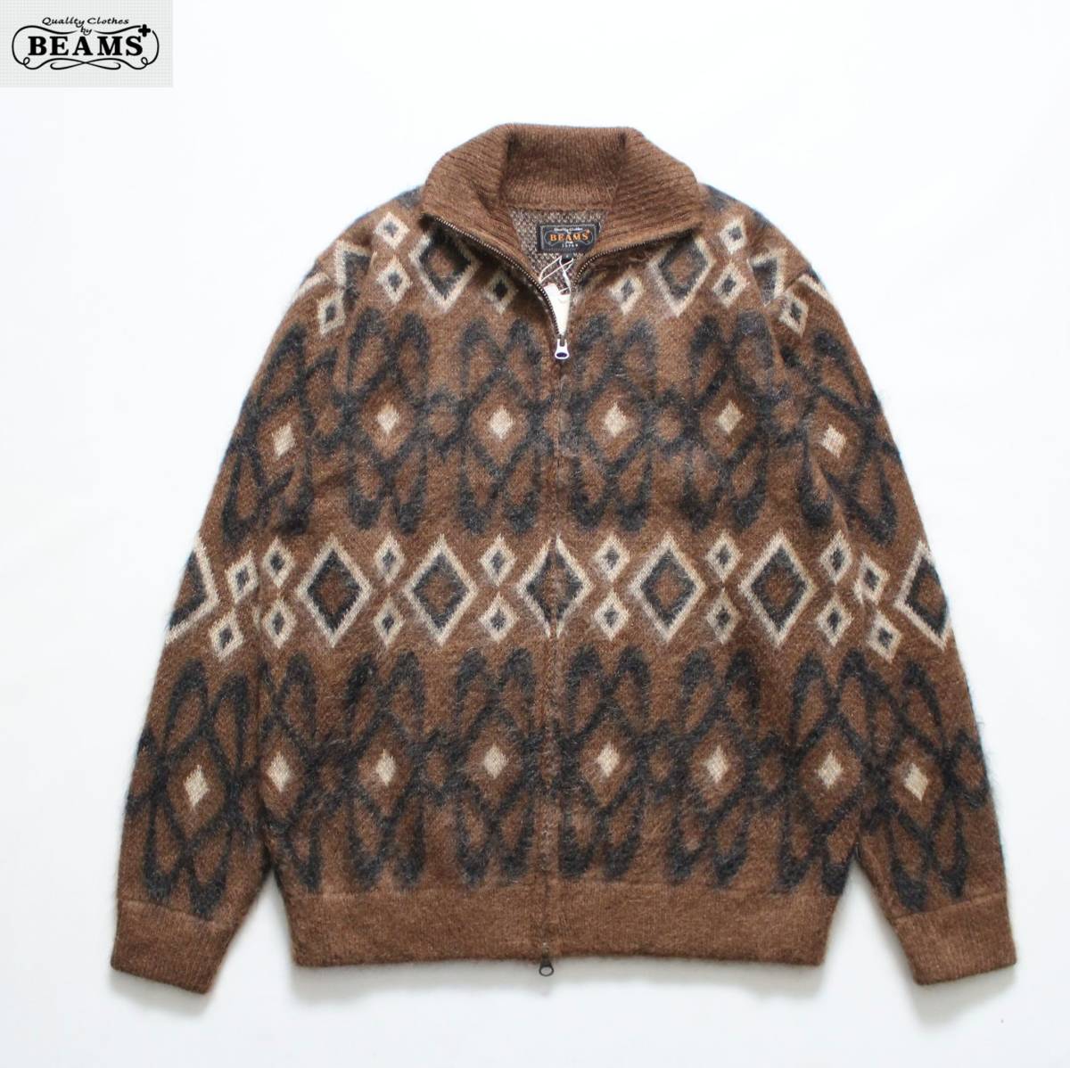 未使用【 BEAMS PLUS ビームス+ 】ジオメトリック ジャカード ジップ モヘヤ ニット S ネイティブ 38150099156 定価¥38，500 セーター