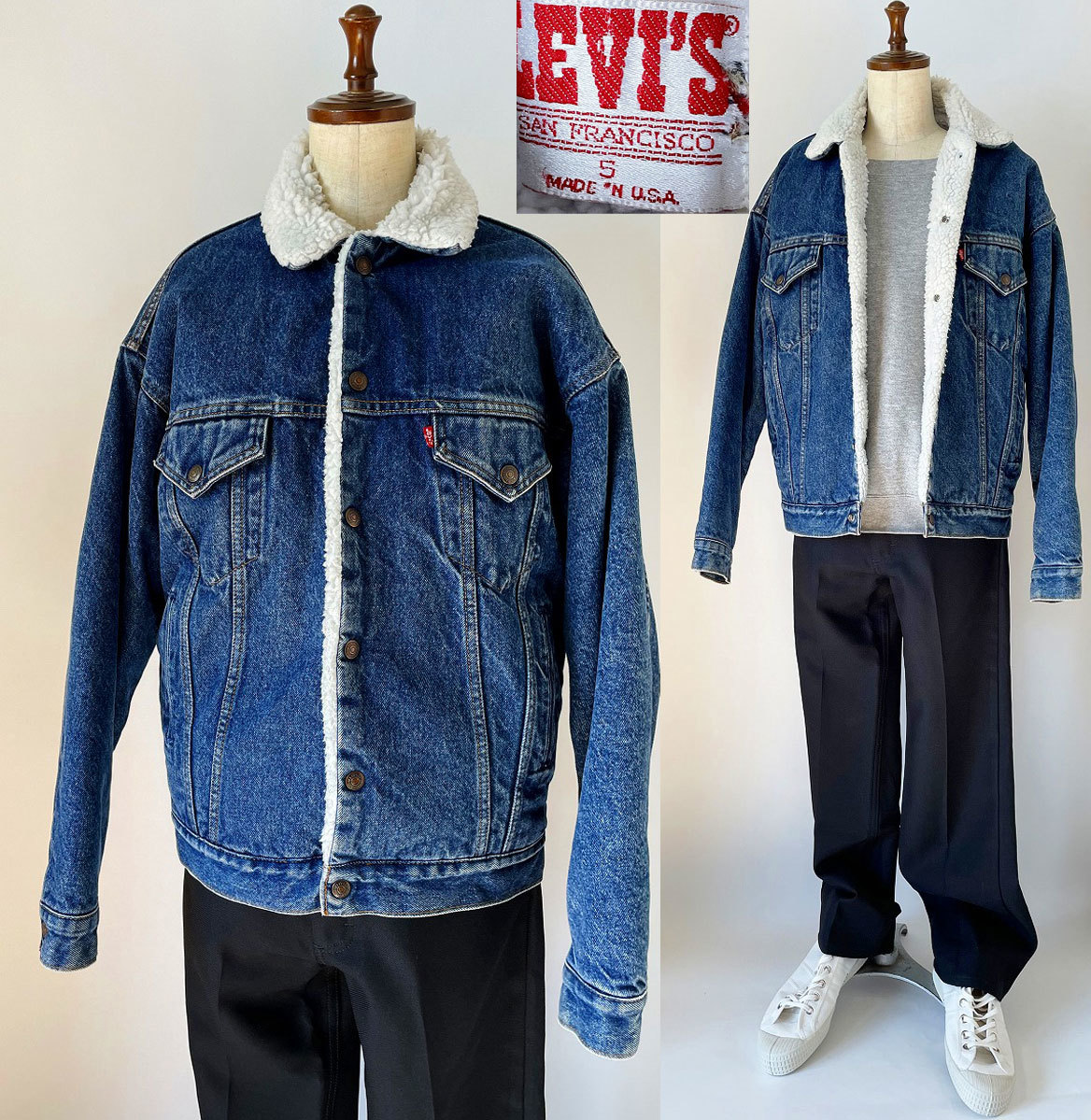 ★90s位【USA製 名作】ビンテージ Levi's リーバイス 70609-0218 ポケット付き ボア デニム トラッカー ジャケット Gジャン S インディゴ_画像1