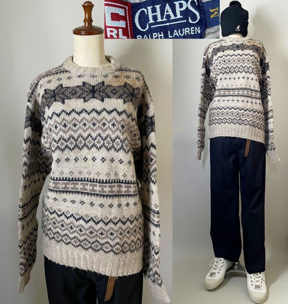 ★【激レア 目立つ汚れ有 国内正規品】CHAPS RALPH LAUREN チャップス ラルフローレン ウール100％ 総柄 クルーネック ニット セーター M_画像1