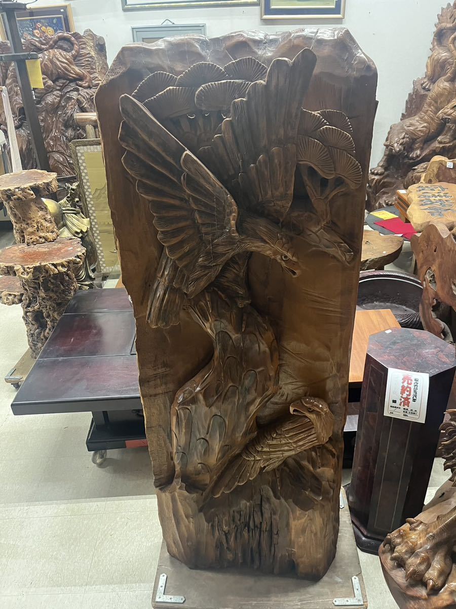 木彫り オブジェ 一刀彫 衝立　鷹