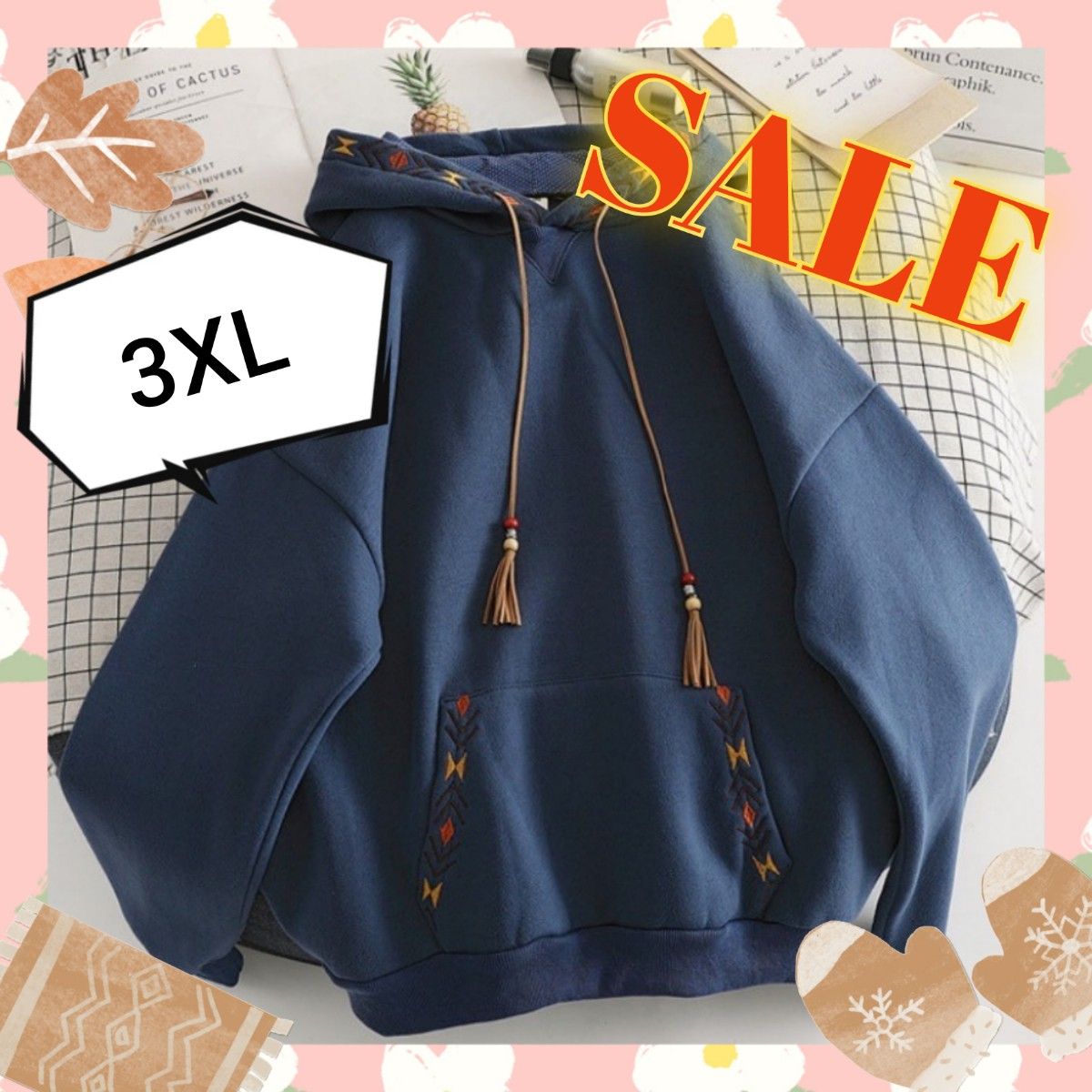 SALE 大特価 3XL パーカー　ネイビー　刺繍　タッセル　民族調　レディース