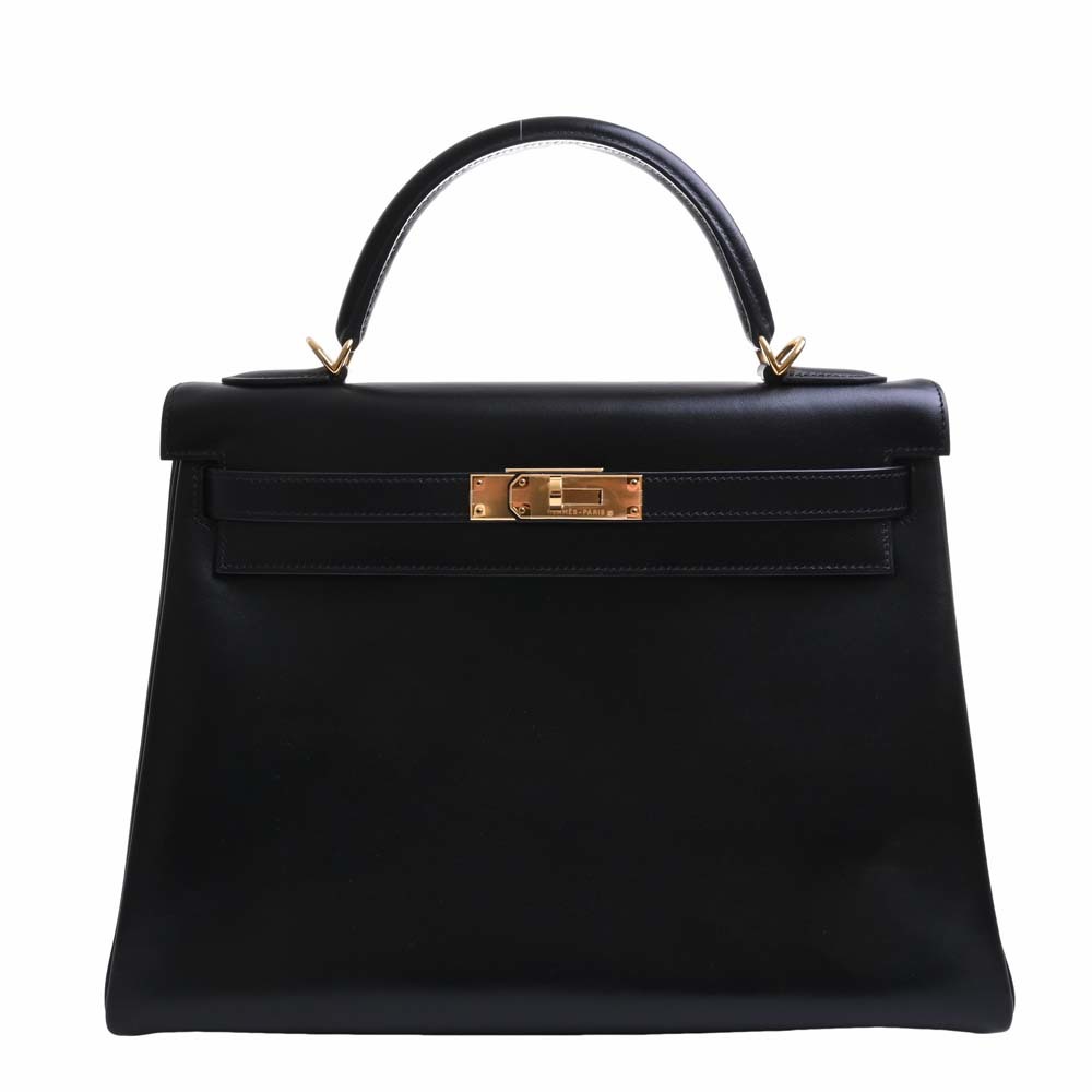 【中古】HERMES エルメス ボックスカーフ ケリー32 2WAY ハンドバッグ ブラック レディース by