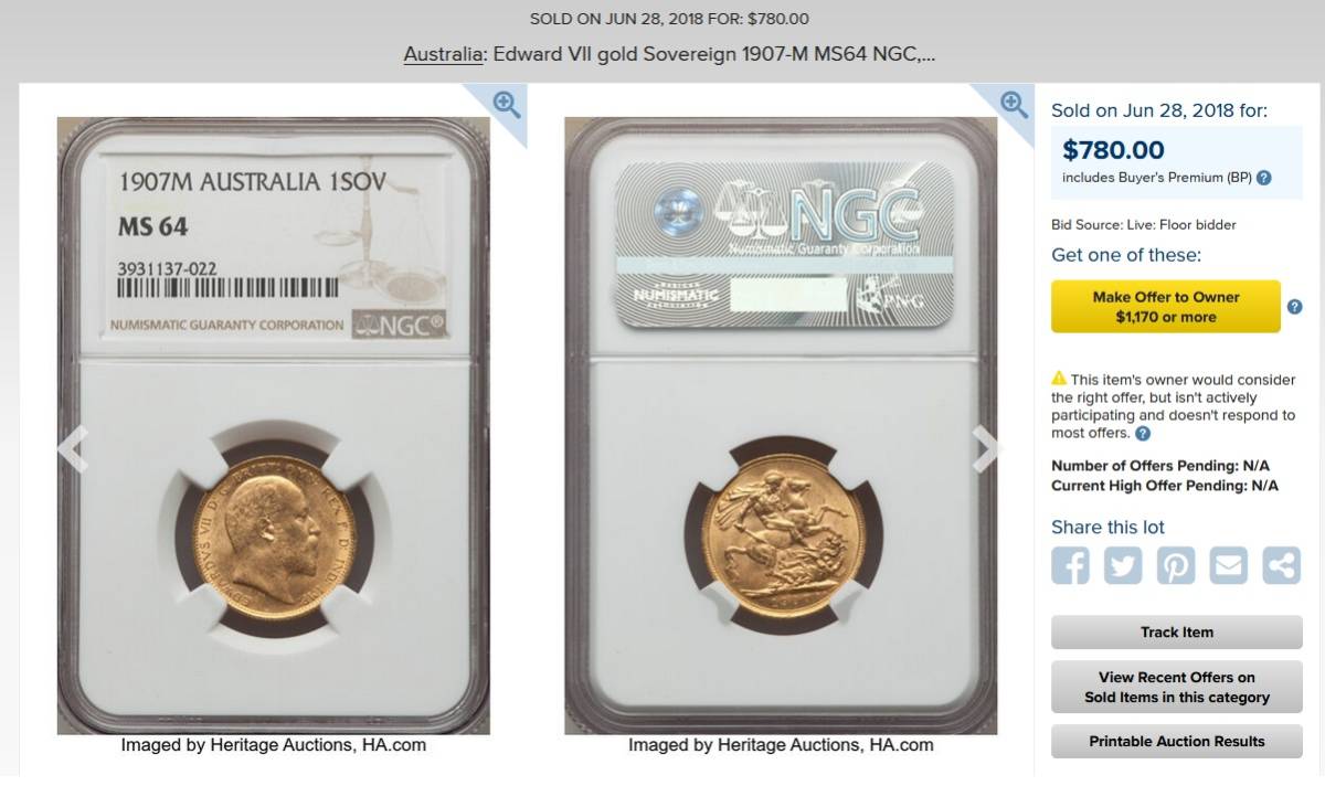 【オークション価格並！世界で2番目の1910年Sエドワード7世ソブリン金貨】オーストラリア Sovereign MS64（PCGS）の画像9