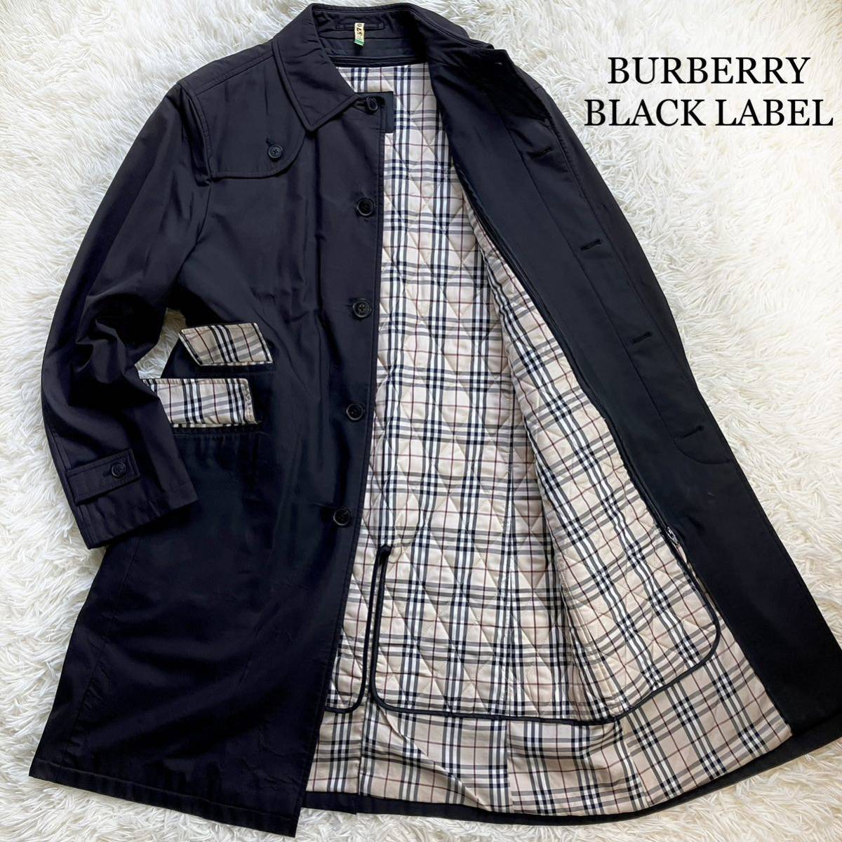 BURBERRY BLACK LABEL バーバリーブラックレーベル ステンカラーコート ロング ライナー ノバチェック L キルティング 2way 日本製 黒