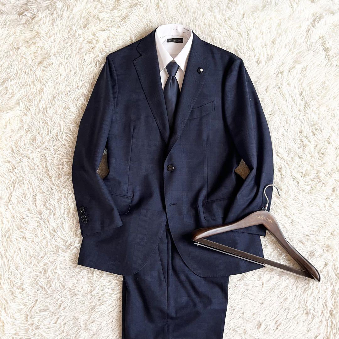 ＜美品＞ LARDINI ラルディーニ ネイビー チェック ウール スーツ セットアップ ブートニエール サイズ50 Lサイズ 結婚式 ビジネス