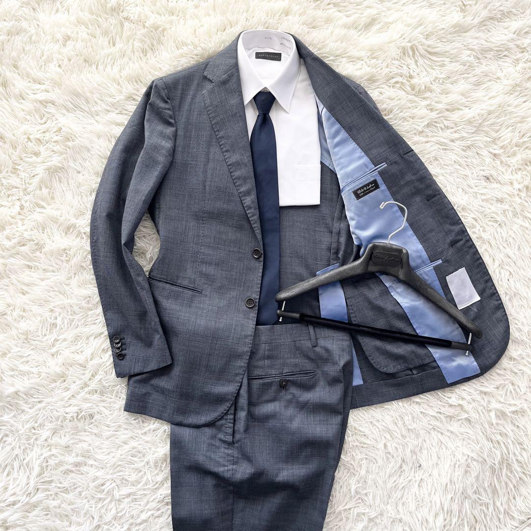 ＜美品＞ STILE LATINO スティレラティーノ ブルー チェック ウール スーツ セットアップ サイズ46 Mサイズ ビジネス 結婚式