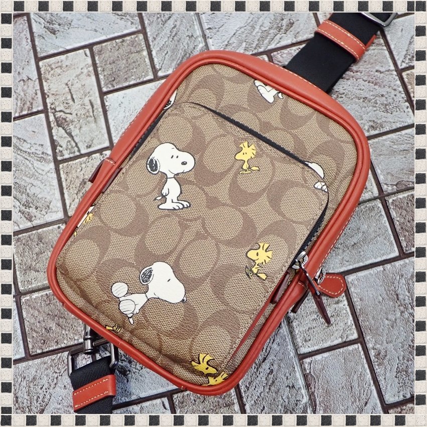 【 良品 】 COACH X PEANUTS CE600 トラック パック 14 シグネチャー スヌーピー ウッドストック コラボ ボディバッグ ブラウン系 コーチ_画像1