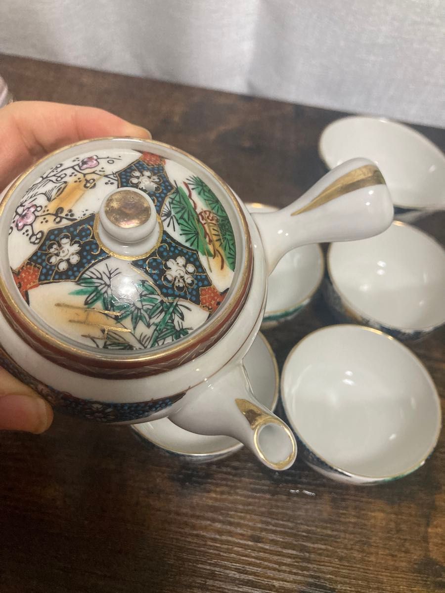 九谷焼青粒 色絵金彩 松/梅/竹図文 茶器揃 急須煎茶碗湯冷 煎茶道具茶器セット