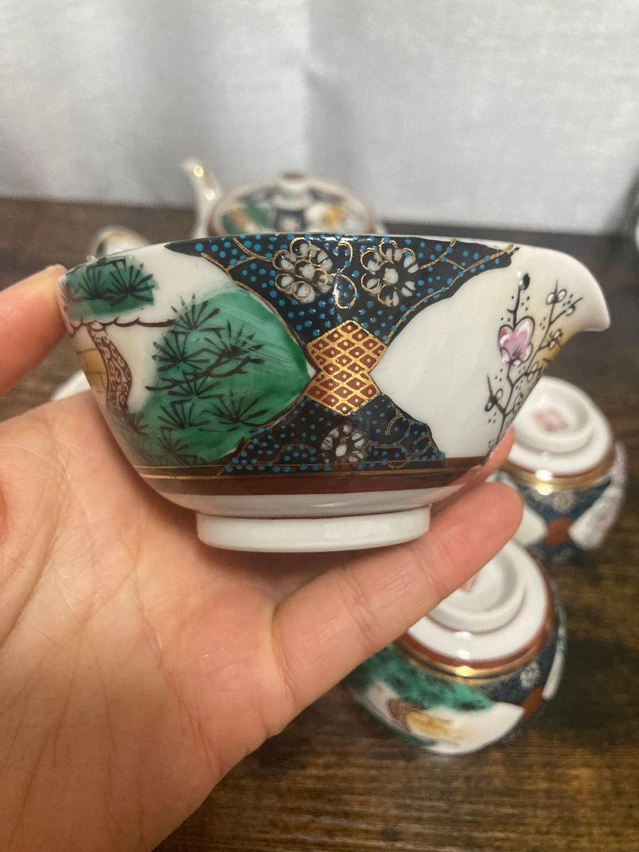 九谷焼青粒 色絵金彩 松/梅/竹図文 茶器揃 急須煎茶碗湯冷 煎茶道具茶器セット