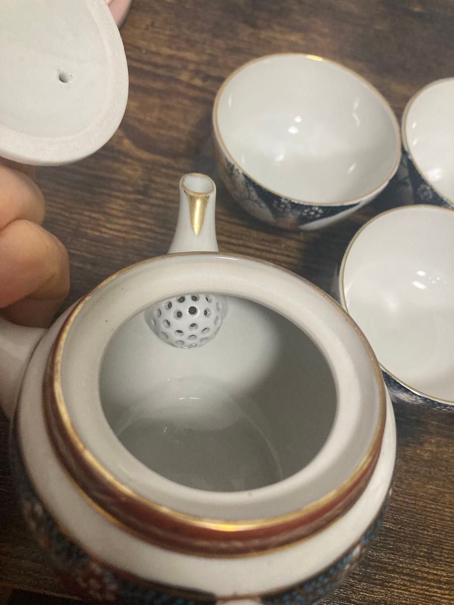 九谷焼青粒 色絵金彩 松/梅/竹図文 茶器揃 急須煎茶碗湯冷 煎茶道具茶器セット