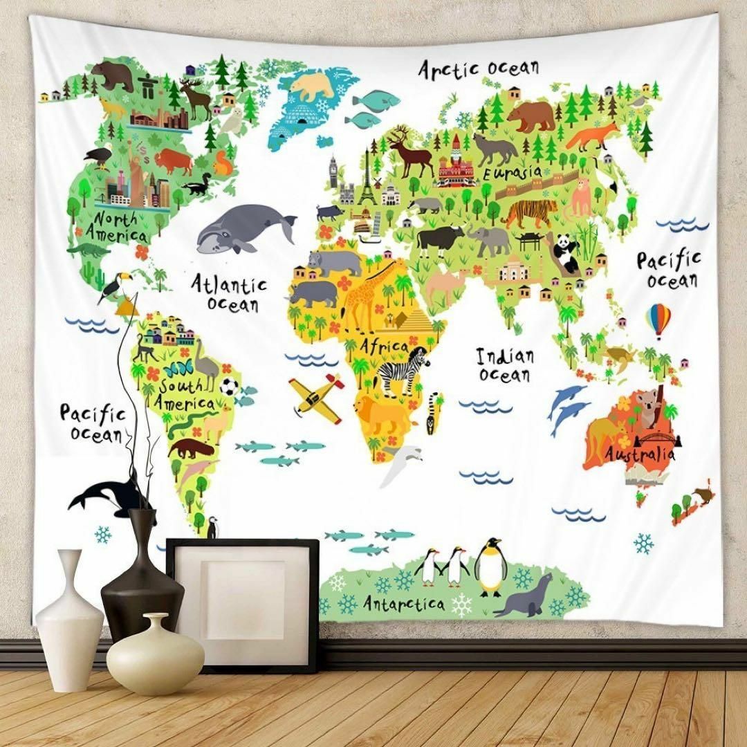 世界地図 タペストリー 可愛い動物 子供部屋 インテリア 布製 150×130_画像3