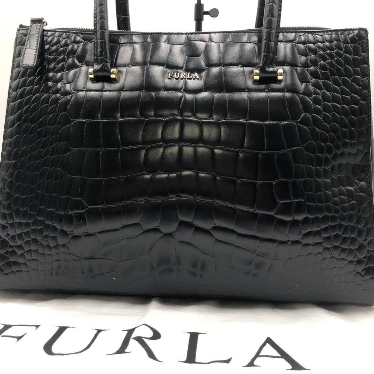 1円【極美品・シャイニングクロコ】フルラ FURLA ビジネスバッグ トート 大容量 型押し 光沢 メンズ A4 通勤 書類 レザー 本革 ブラック 黒_画像2