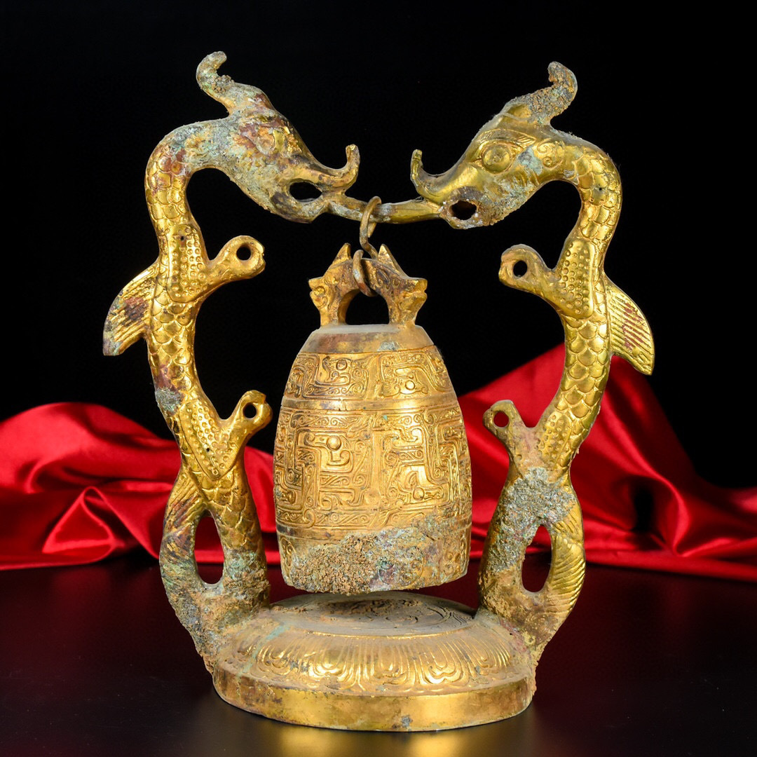 銅製・塗金・雙龍耳編鐘『収蔵家蔵』稀少珍品・置物・古賞物・中国古美術