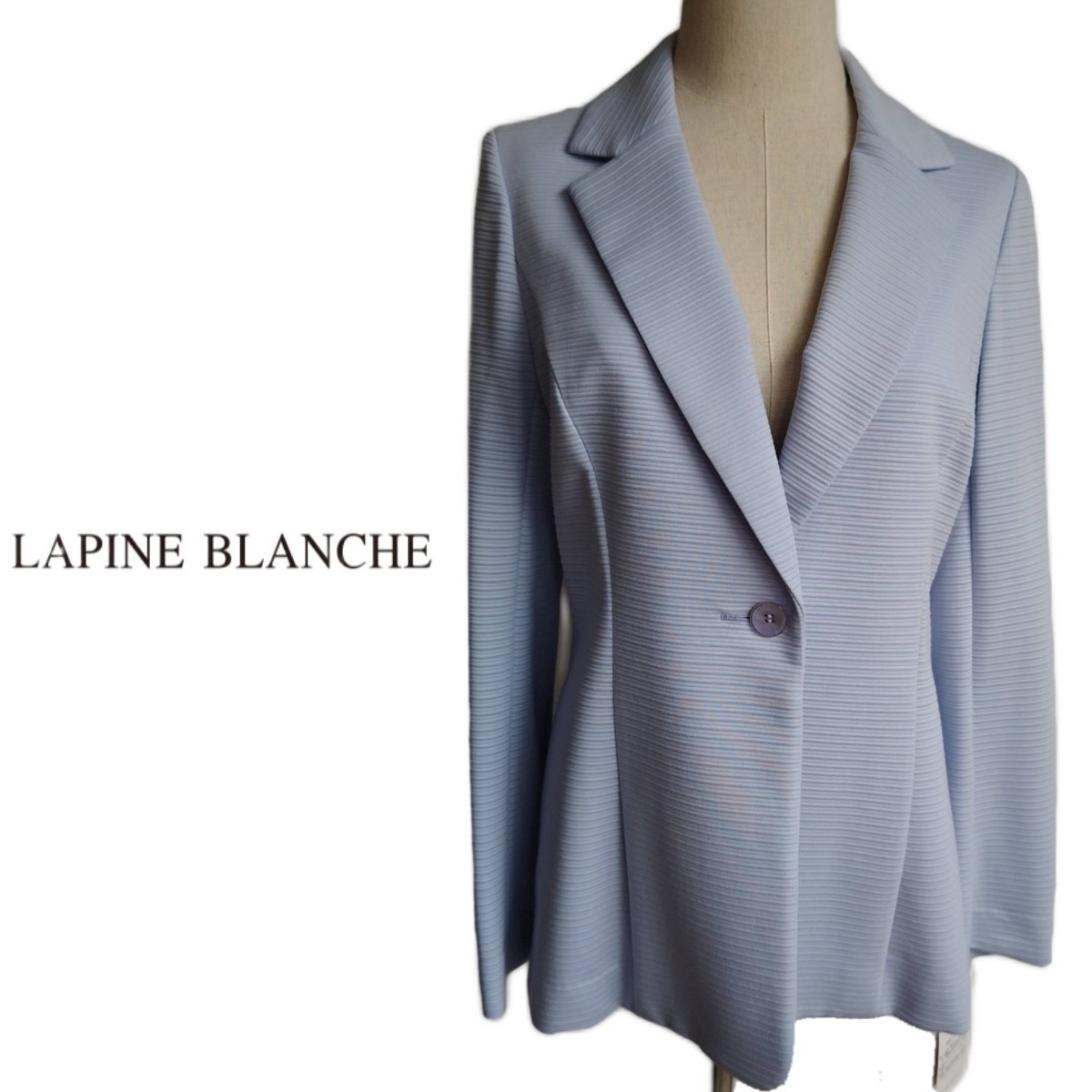 新品53900円 9号38 LAPINE BLANCHE リップルジャージー テーラードジャケット ラピーヌブランシュ 日本製 ストレッチ ブルー水色 爽やか