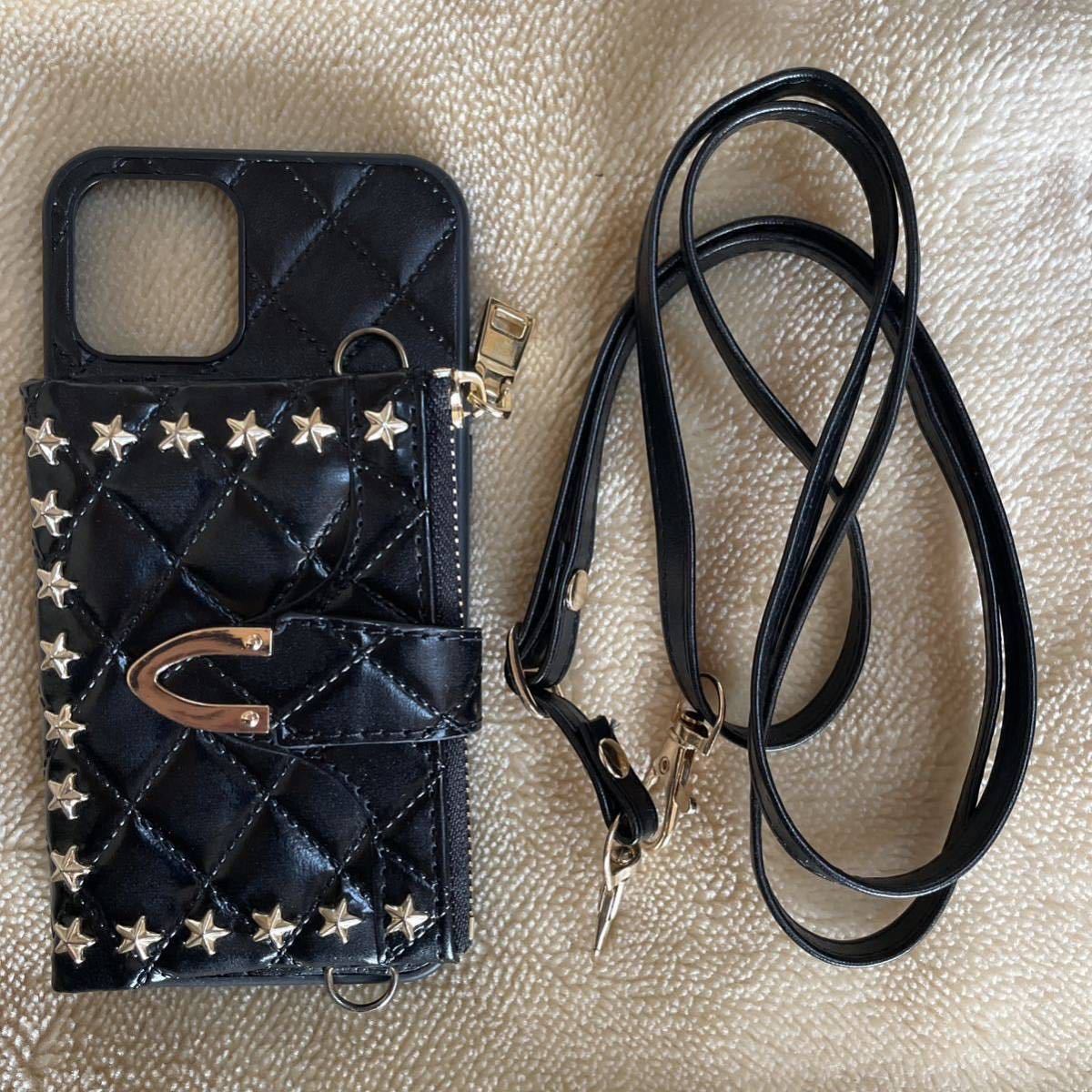 スタッズ 星 ブラック カード クレジット 収納 財布 可愛い ストラップ カバー 黒 ケース Apple スマホ 携帯 バッグ iPhone12 Pro iPhone12_画像3