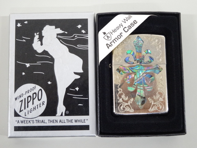 2013年製 ZIPPO ジッポ Armor Case アーマー ケース シェル 貝貼り 貝 クロス アラベスク 唐草 両面加工 シルバー 銀 オイル ライター USA_画像1