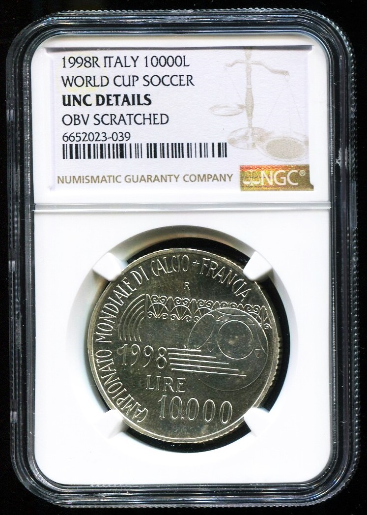 イタリア１００００リラ銀貨（1998：WORLD SOCCER FRANCE）PCGS UNC Details Obv Scratched / KM：192 / 重量：22.0 グラム / 純度：83.5%_画像1