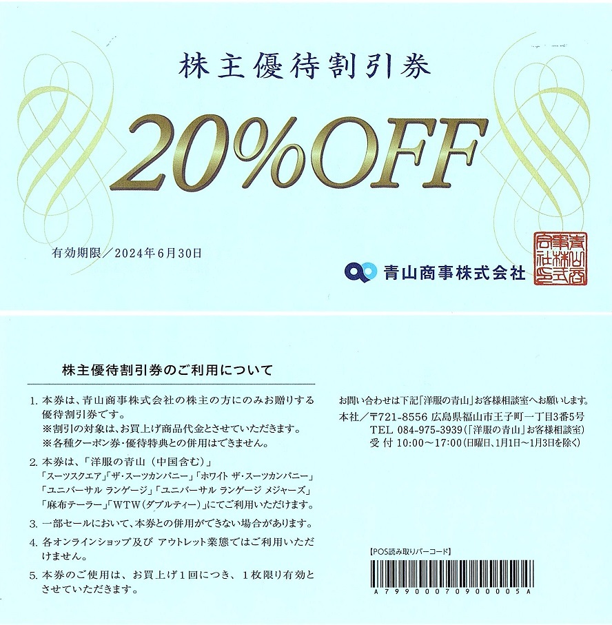 青山商事　株主優待券　20％割引券　1枚(単位)　～3枚迄　2024年6月末迄有効　洋服の青山・ザ スーツカンパニー_画像1