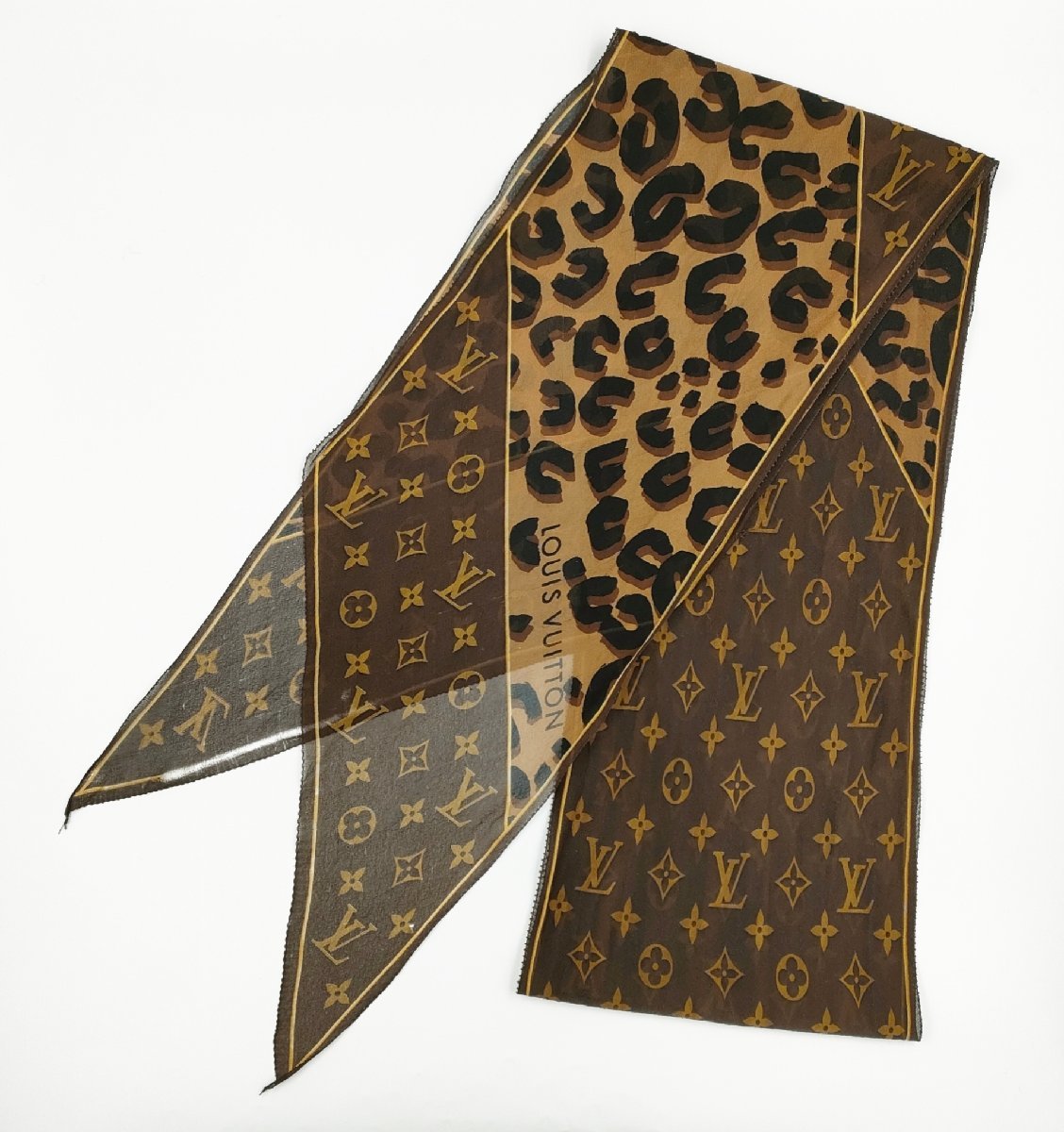 S2509●送料198円～ LOUIS VUITTON ルイヴィトン モノグラム レオパード ストール シルク 薄手 シースルー ブラウン系_画像1