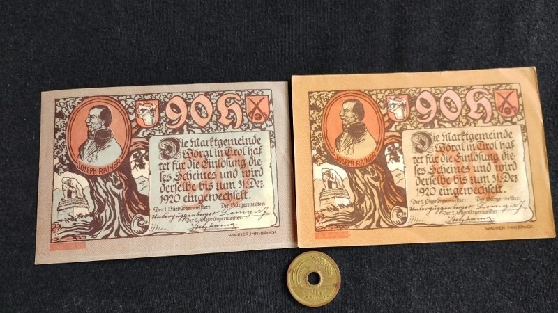 未　オーストリア地方紙幣　ヴェーグル市(チロル州)　1920年　絵入コレクター用　90ヘラー2枚_画像2