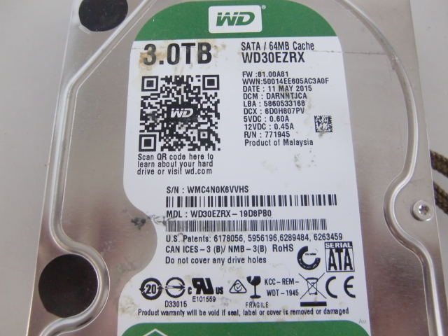 中古 3.5インチ ハードディスク S-ATA Western Digital 3.0TB WD30EZRX 　不明　 現状品 29H_画像3