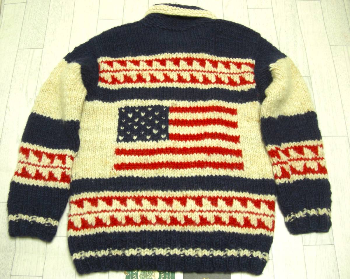 完売!数量限定生産!Wネーム!象ロゴマーク編込&星条旗USA!カウチンML/CANADIANSWEATERカナディアンセーターxハンティングワールド!カナダ製5_画像3