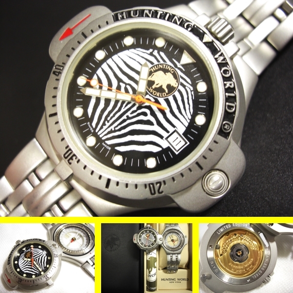  immediately complete sale! hard-to-find!100ps.@! limitation memory Zebra . horse face! regular price 21 ten thousand jpy . ultimate profit!serial stamp & compass &W reverse side .! self-winding watch diver wristwatch Hunting World 