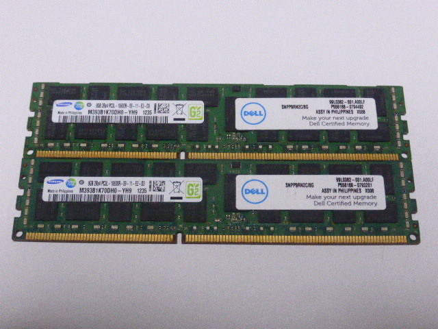 メモリ サーバーパソコン用 低電圧 1.35V Samsung PC3L-10600R(DDR3L-1333R) ECC Registered 8GBx2枚 合計16GB 起動確認済みです_画像1