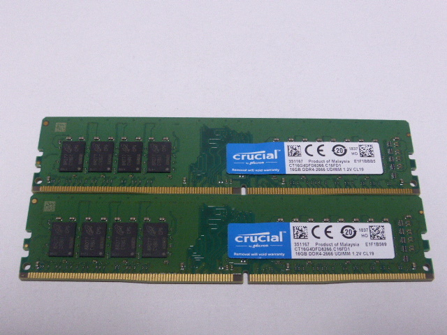 メモリ デスクトップパソコン用 Crucial DDR4-2666 PC4-21300 16GBx2枚 合計32GB 起動確認済みです_画像1