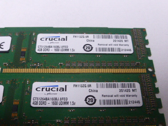 メモリ デスクトップ用 Crucial Micronチップ 1.5V DDR3-1600 PC3-12800 4GBx2枚 合計8GB 起動確認済みですが一応ジャンク品扱いです_画像2