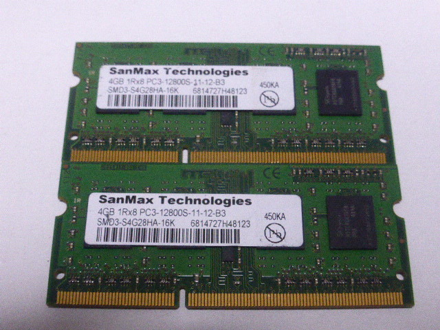 ノートパソコン用メモリ 両面チップ SanMax SK hynixチップ 1.5V DDR3-1600 PC3-12800S 4GBx2枚 合計8GB 起動確認済みです　_画像1