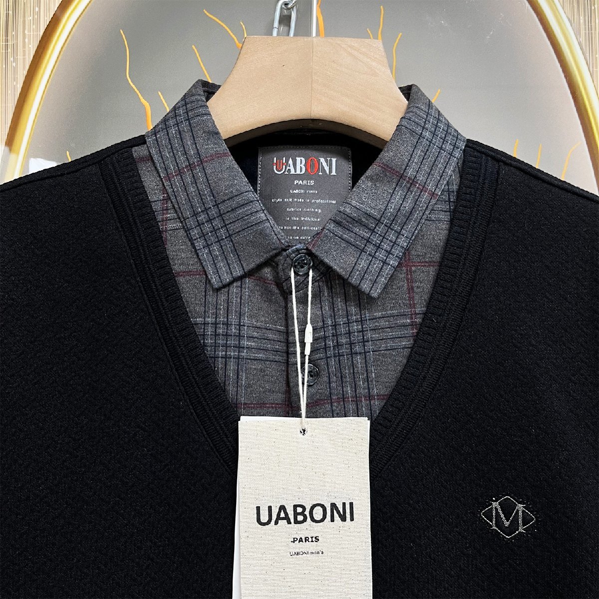 定番EU製＆定価5万◆UABONI*Paris*長袖ポロシャツ*ユアボニ*パリ発◆上品 裏起毛 暖かい 快適 切替 シンプル トップス 通勤通学 紳士 M/46_画像3