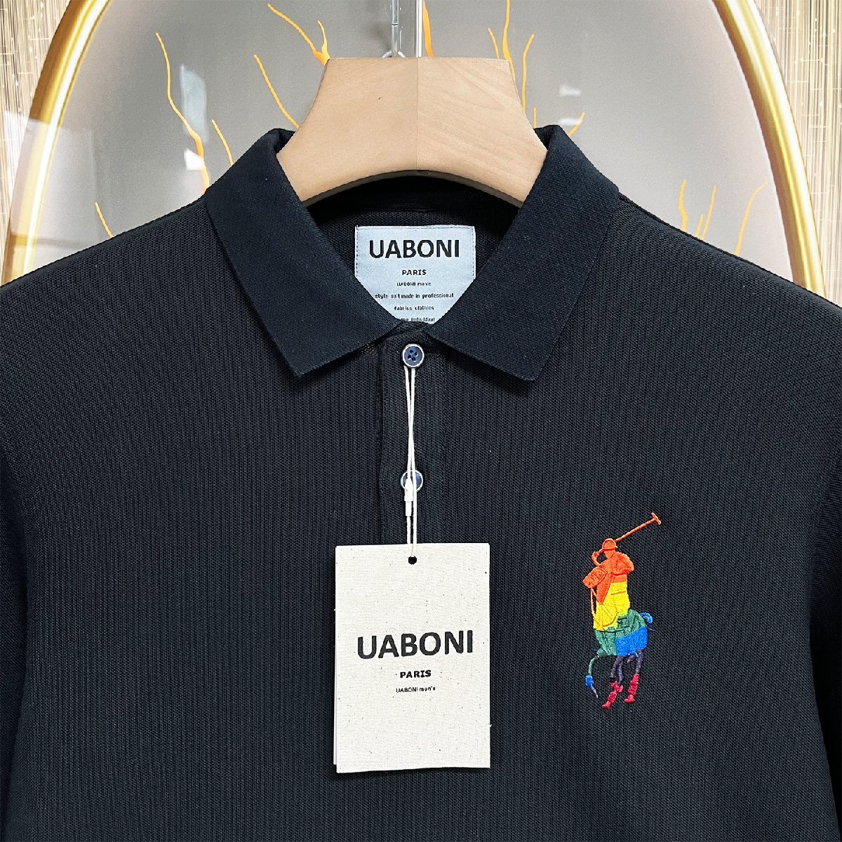 ★★定番EU製＆定価4万◆UABONI*Paris*ポロシャツ*ユアボニ*パリ発◆高級リネン/麻生地 長袖 POLOシャツ 高級刺繍 ポロ競技 ビジネス M/46_画像3