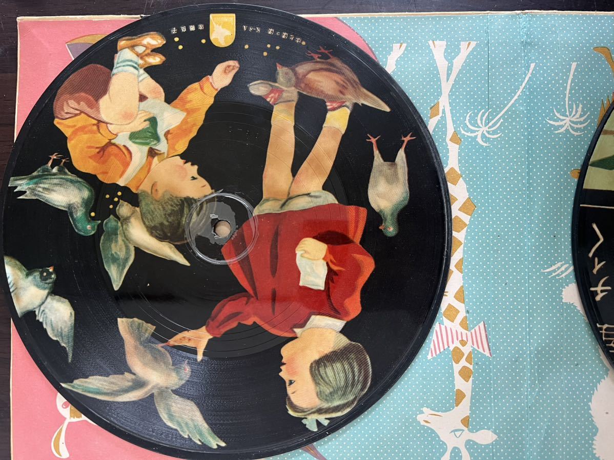 希少 昭和レトロ 当時物 カナリヤレコード 2枚組3セット 絵入り sp盤 直径20cmの画像7