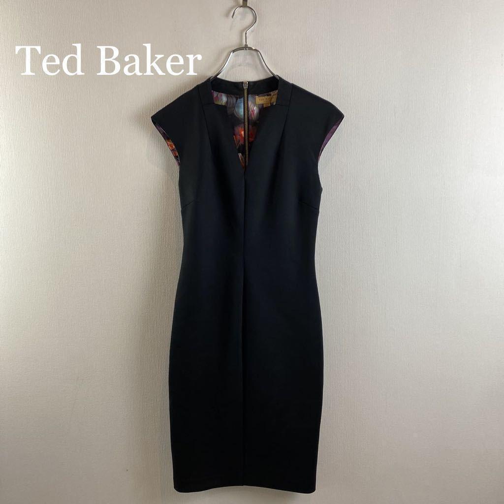 Ted Baker ノースリーブワンピース タイト ブラック 内側花柄 1_画像1