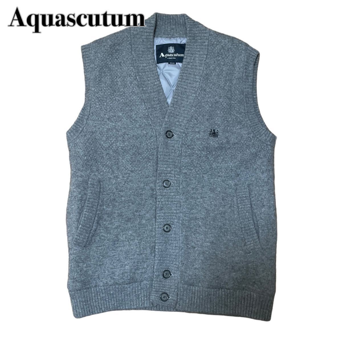 Aquascutum アクアスキュータム ニットベスト ウール グレー M ワンポイント刺繍