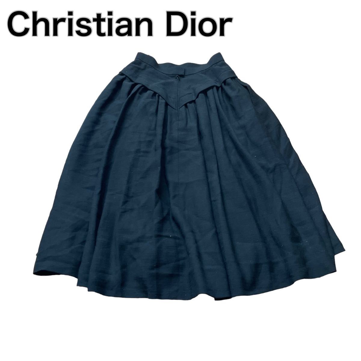  Christian Dior ディオール フレアスカート 黒ブラック ウール100% S_画像1