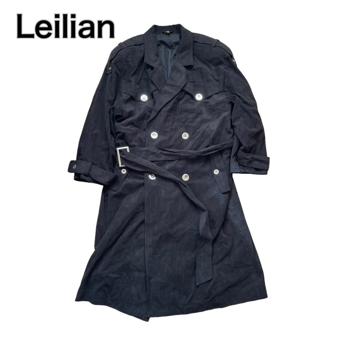 Leilian レリアン トレンチコート ストライプ 黒ブラック ベロア 銀ボタン 9号 M_画像1