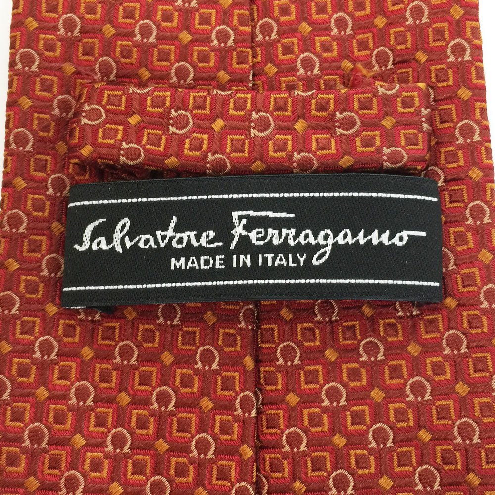 ◆美品 Salvatore Ferragamo サルヴァトーレフェラガモ 紳士用 ガンチーニ モノグラム ネクタイ メンズ レッド×オレンジ 6AC /90399の画像4