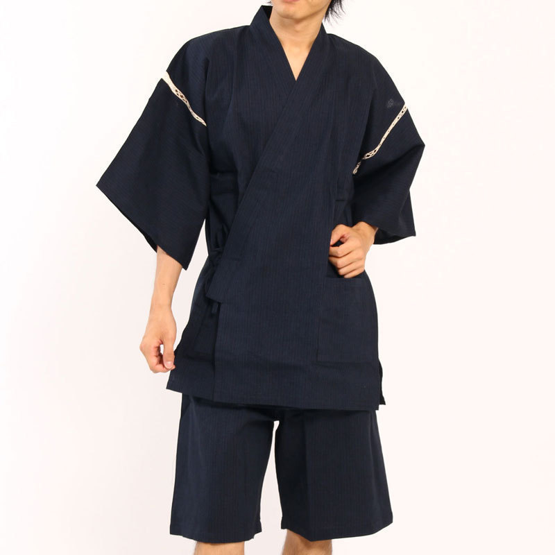 [ Edo ..] with translation half-price and downward! jinbei ... weave ... cotton 100%.. men's circle window. cat . Sakura navy blue L