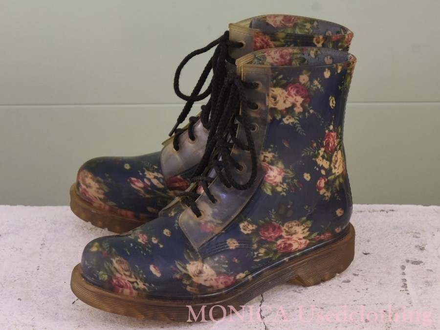 MK632◆ビンテージ【Dirty Laundry】ショートブーツ 花柄 紺 レディース 8 25cm
