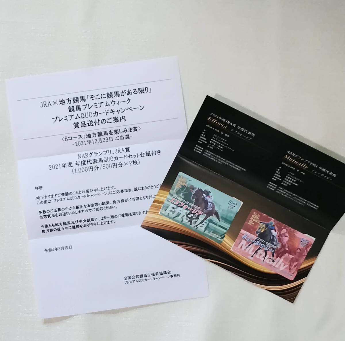 エフフォーリア ミューチャリー JRA×地方競馬 年度代表馬QUOカードセット台紙付き(500円分×2枚) 2021年度 競馬プレミアムウィークの画像2